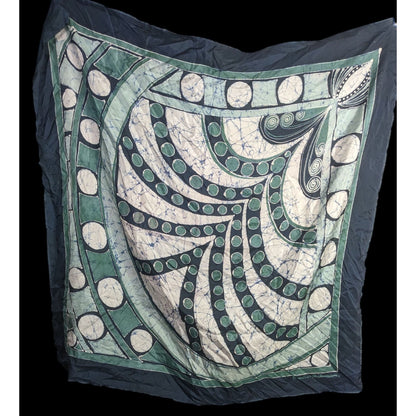 Abstract Artist-Signed Silk Scarf 35"x35" With Green & Navy Geometric Swirl Design
