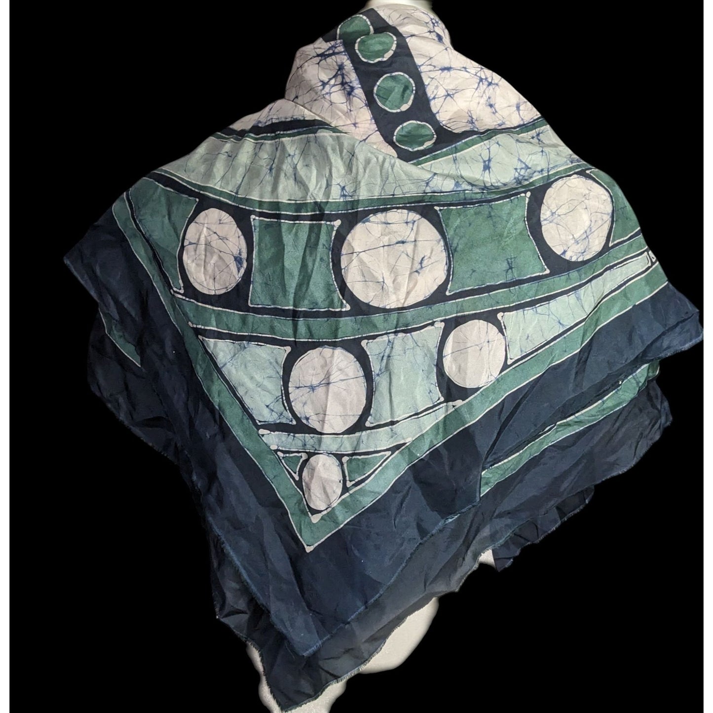 Abstract Artist-Signed Silk Scarf 35"x35" With Green & Navy Geometric Swirl Design