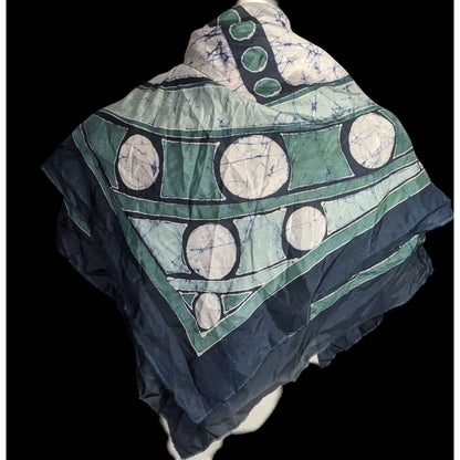 Abstract Artist-Signed Silk Scarf 35"x35" With Green & Navy Geometric Swirl Design