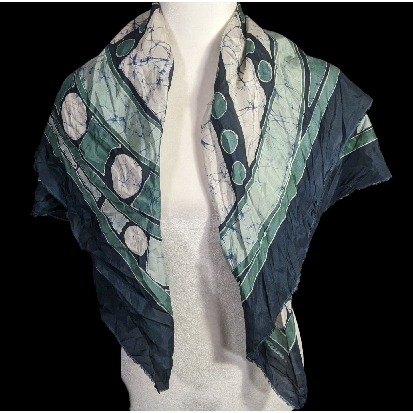 Abstract Artist-Signed Silk Scarf 35"x35" With Green & Navy Geometric Swirl Design