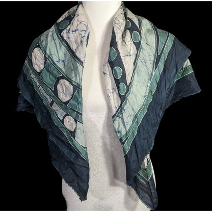 Abstract Artist-Signed Silk Scarf 35"x35" With Green & Navy Geometric Swirl Design