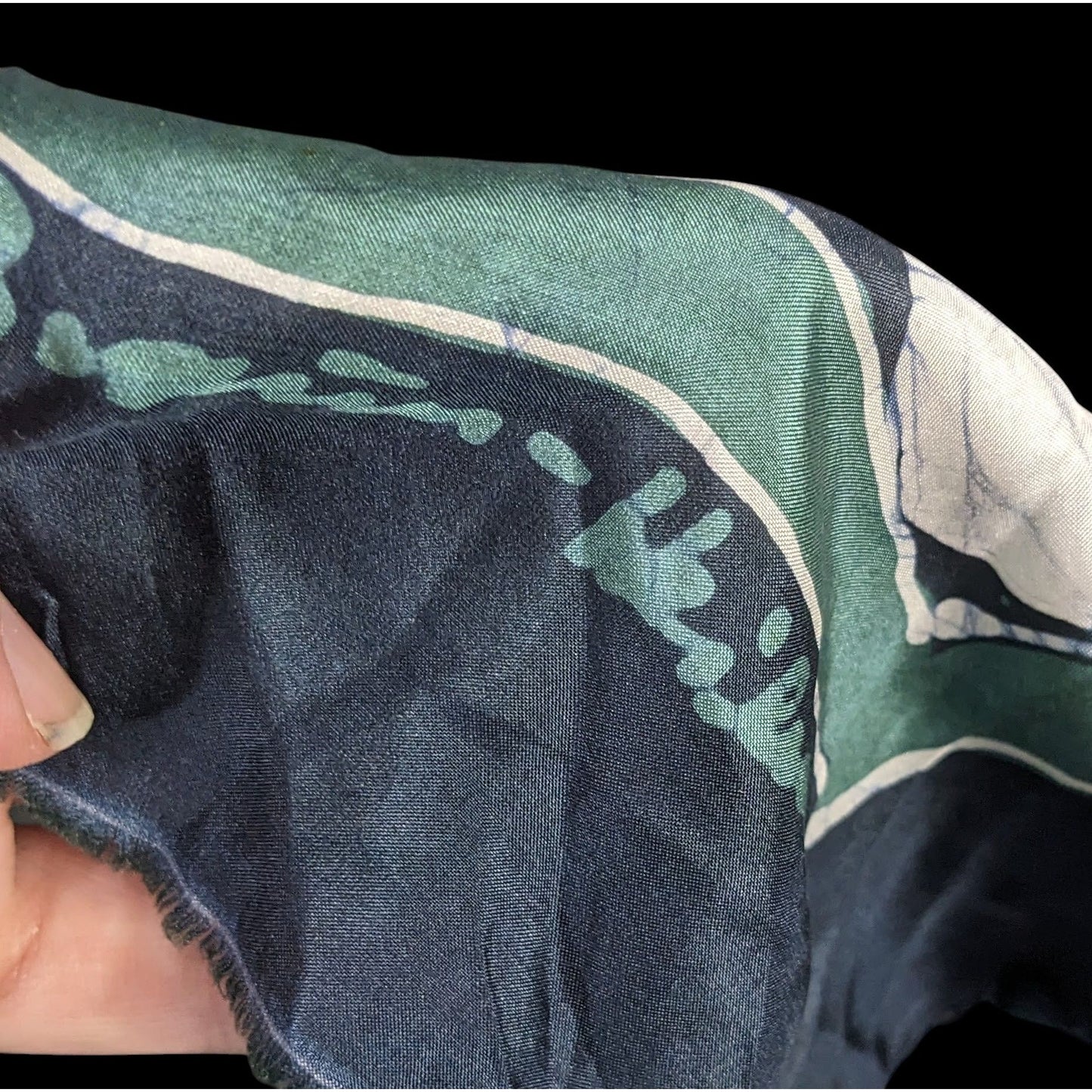 Abstract Artist-Signed Silk Scarf 35"x35" With Green & Navy Geometric Swirl Design