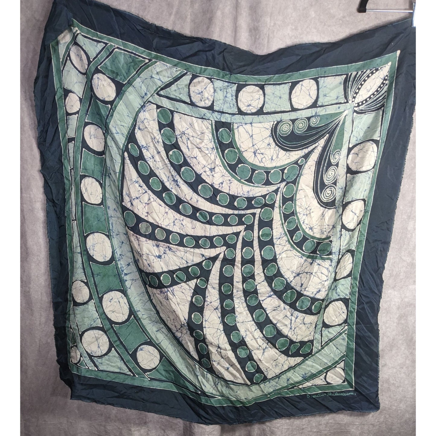 Abstract Artist-Signed Silk Scarf 35"x35" With Green & Navy Geometric Swirl Design