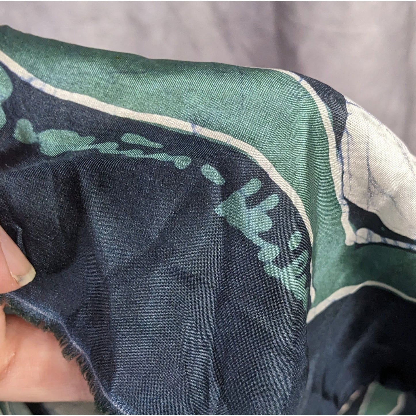 Abstract Artist-Signed Silk Scarf 35"x35" With Green & Navy Geometric Swirl Design