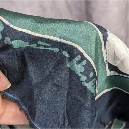 Abstract Artist-Signed Silk Scarf 35"x35" With Green & Navy Geometric Swirl Design