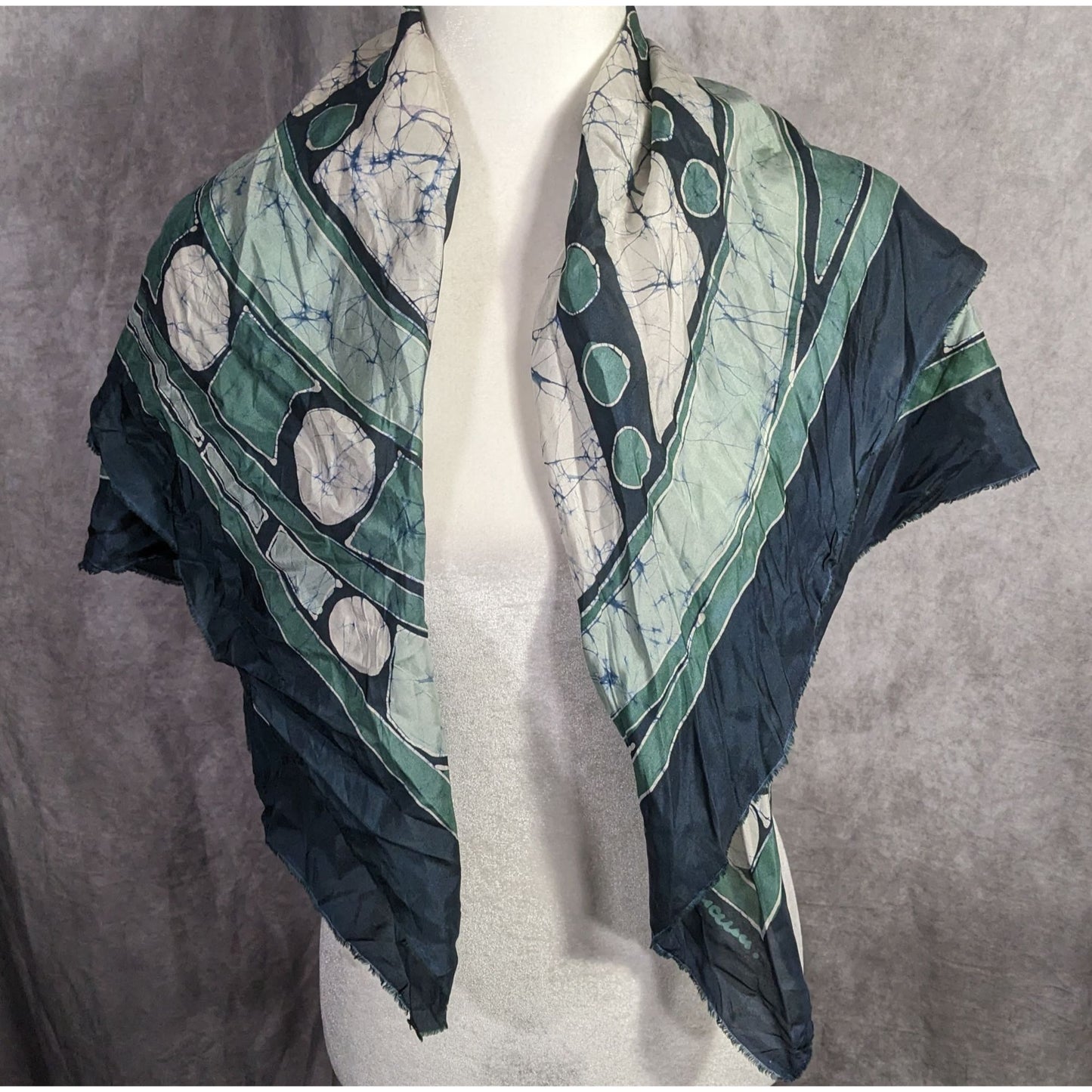 Abstract Artist-Signed Silk Scarf 35"x35" With Green & Navy Geometric Swirl Design