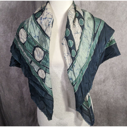 Abstract Artist-Signed Silk Scarf 35"x35" With Green & Navy Geometric Swirl Design