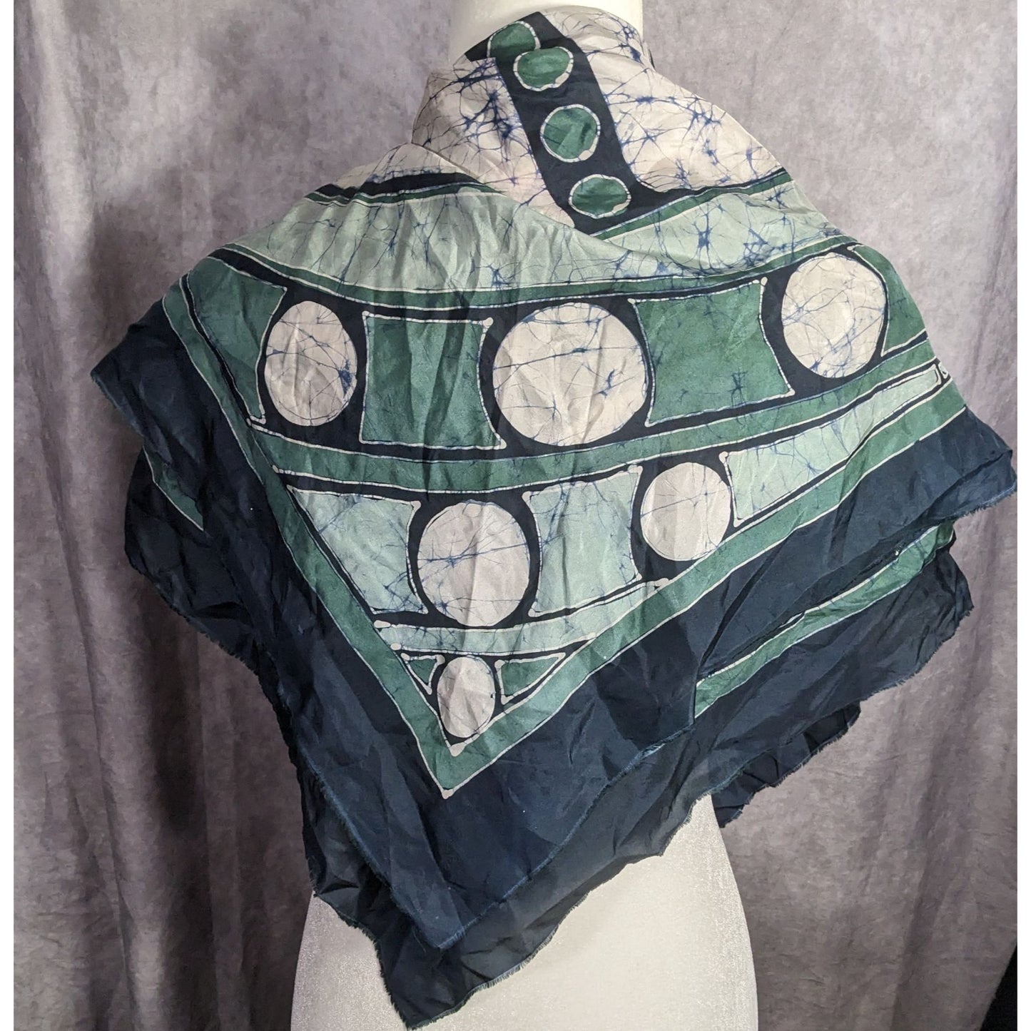 Abstract Artist-Signed Silk Scarf 35"x35" With Green & Navy Geometric Swirl Design