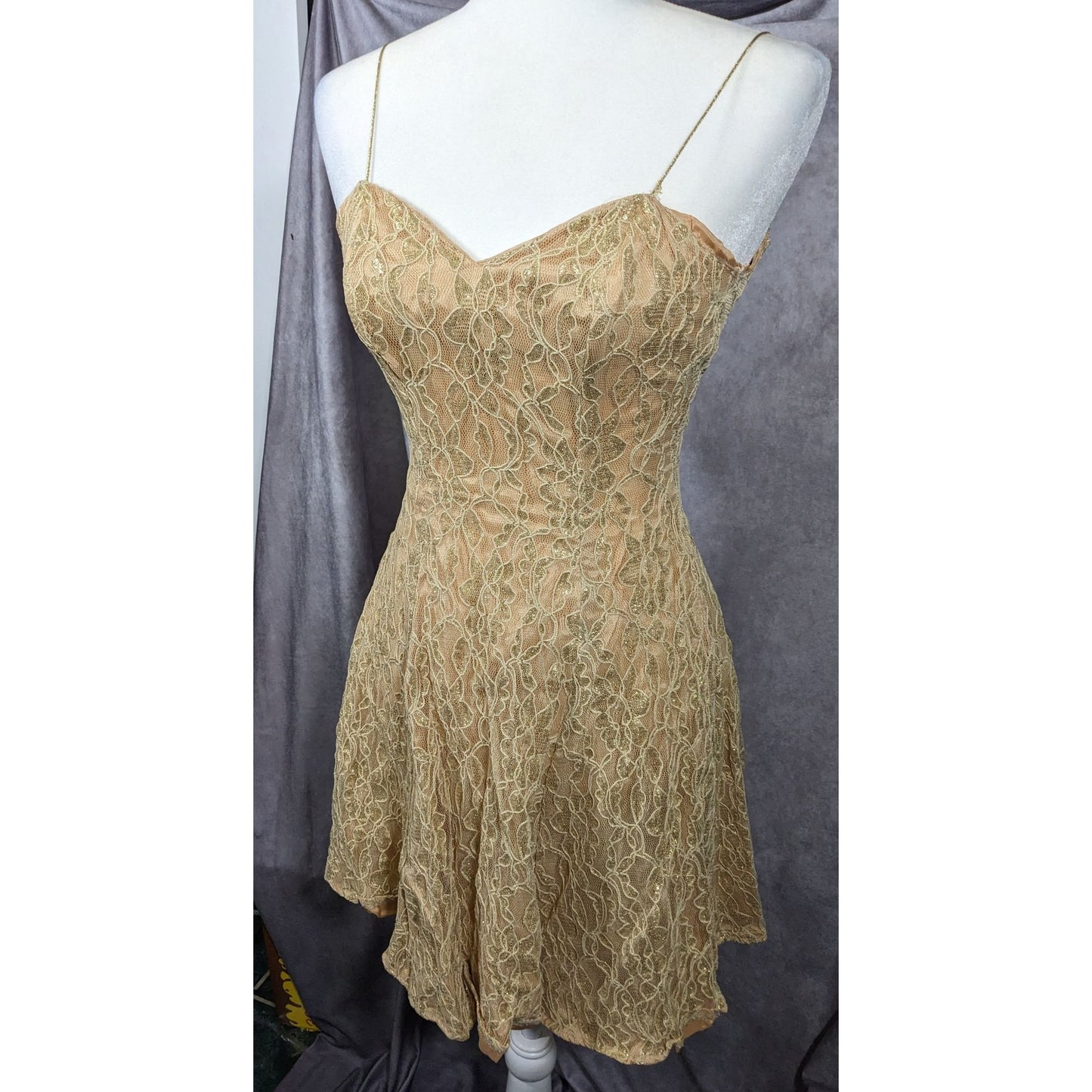 Vintage 90s Fredrick's Of Holly Wood Gold Lace Dress Size 3/4