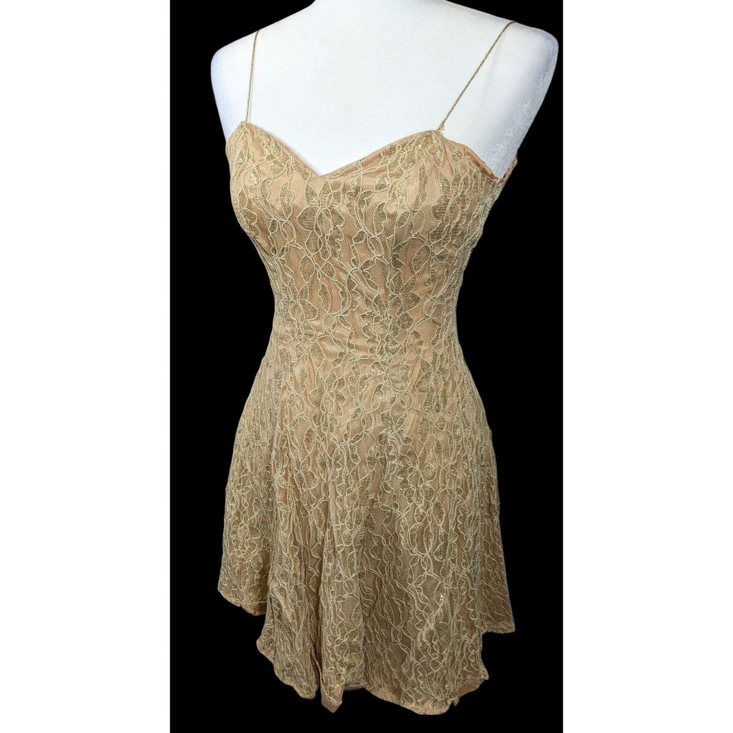 Vintage 90s Fredrick's Of Holly Wood Gold Lace Dress Size 3/4