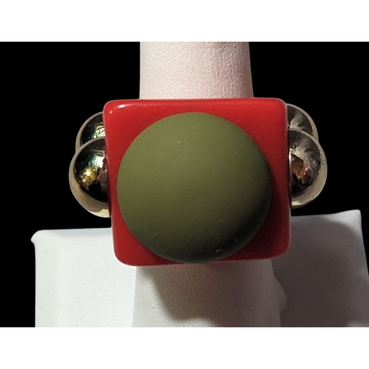 Chunky Red Geometric Ring With Gold Tone And Green Accents