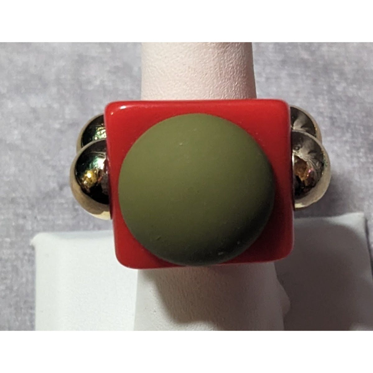 Chunky Red Geometric Ring With Gold Tone And Green Accents