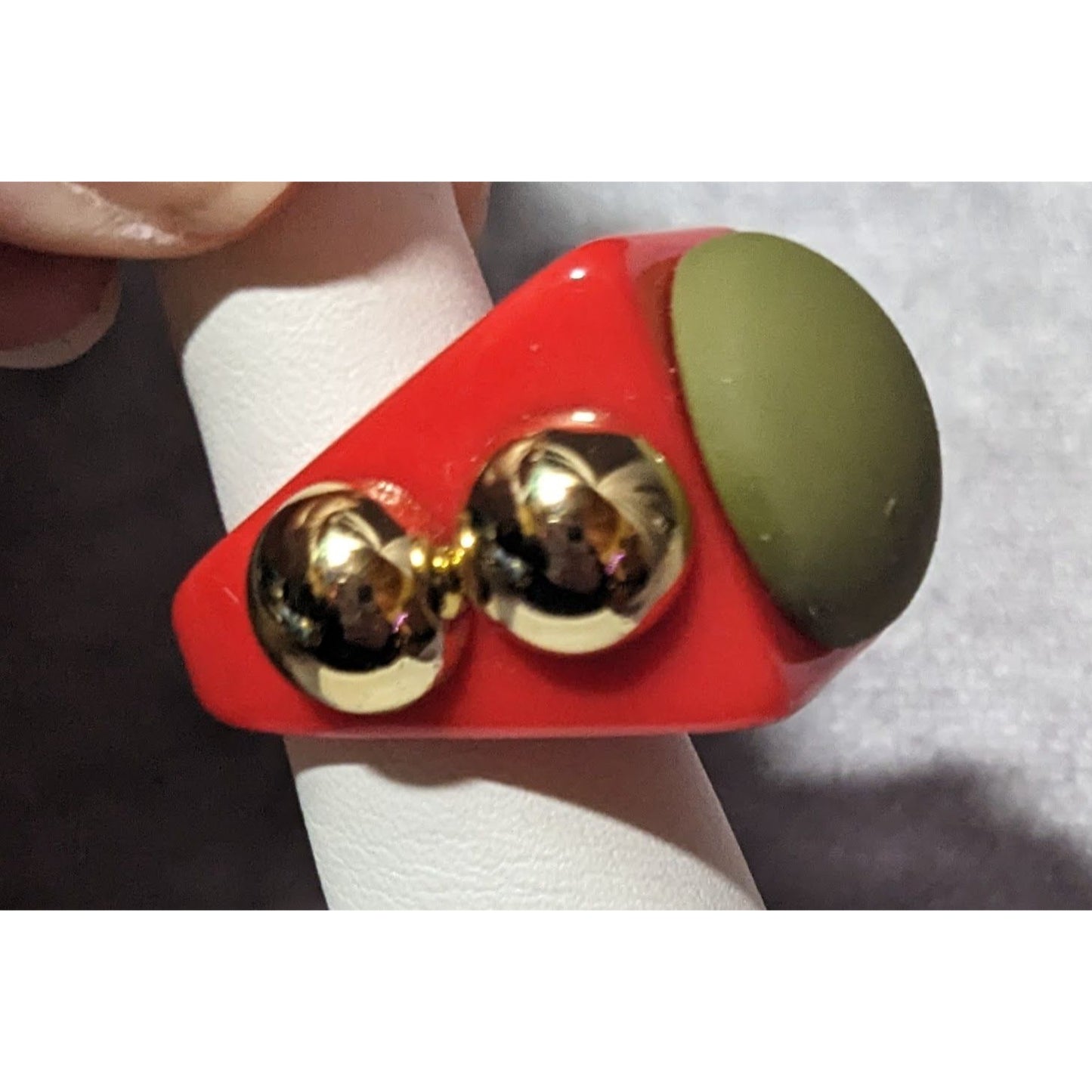 Chunky Red Geometric Ring With Gold Tone And Green Accents