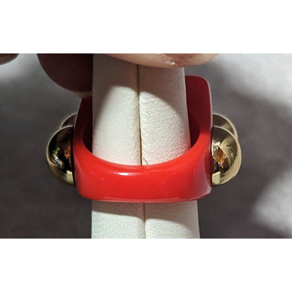 Chunky Red Geometric Ring With Gold Tone And Green Accents