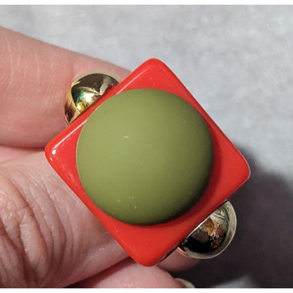 Chunky Red Geometric Ring With Gold Tone And Green Accents