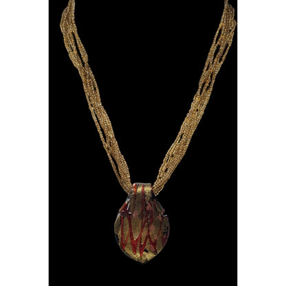 Fiery Red And Gold Tone Art Glass Pendant With Multistrand Glass Beads