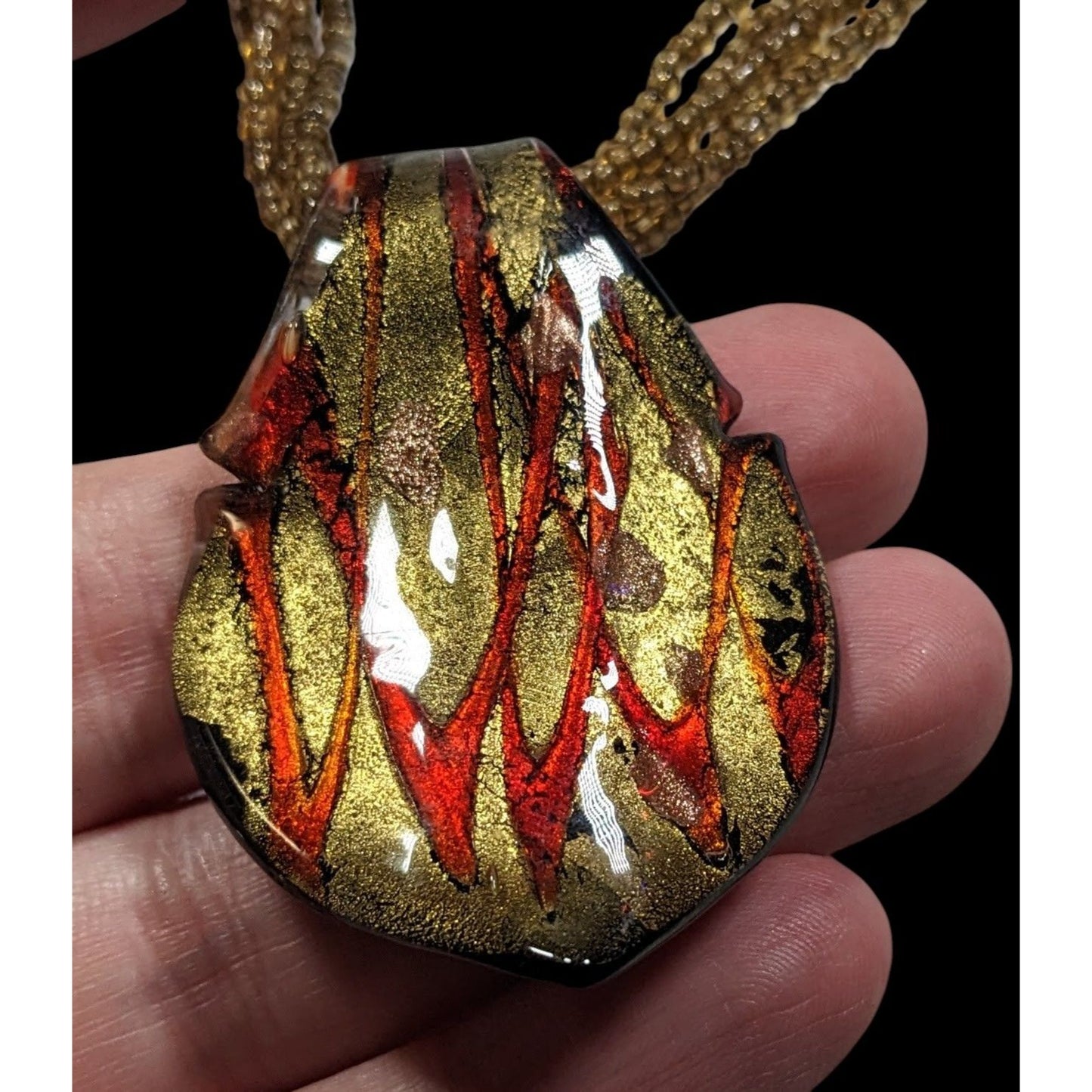 Fiery Red And Gold Tone Art Glass Pendant With Multistrand Glass Beads