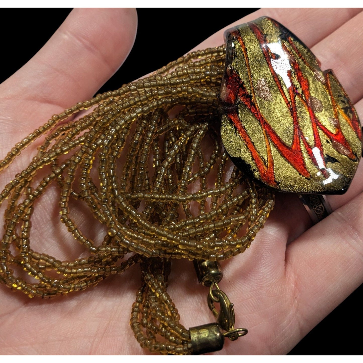 Fiery Red And Gold Tone Art Glass Pendant With Multistrand Glass Beads