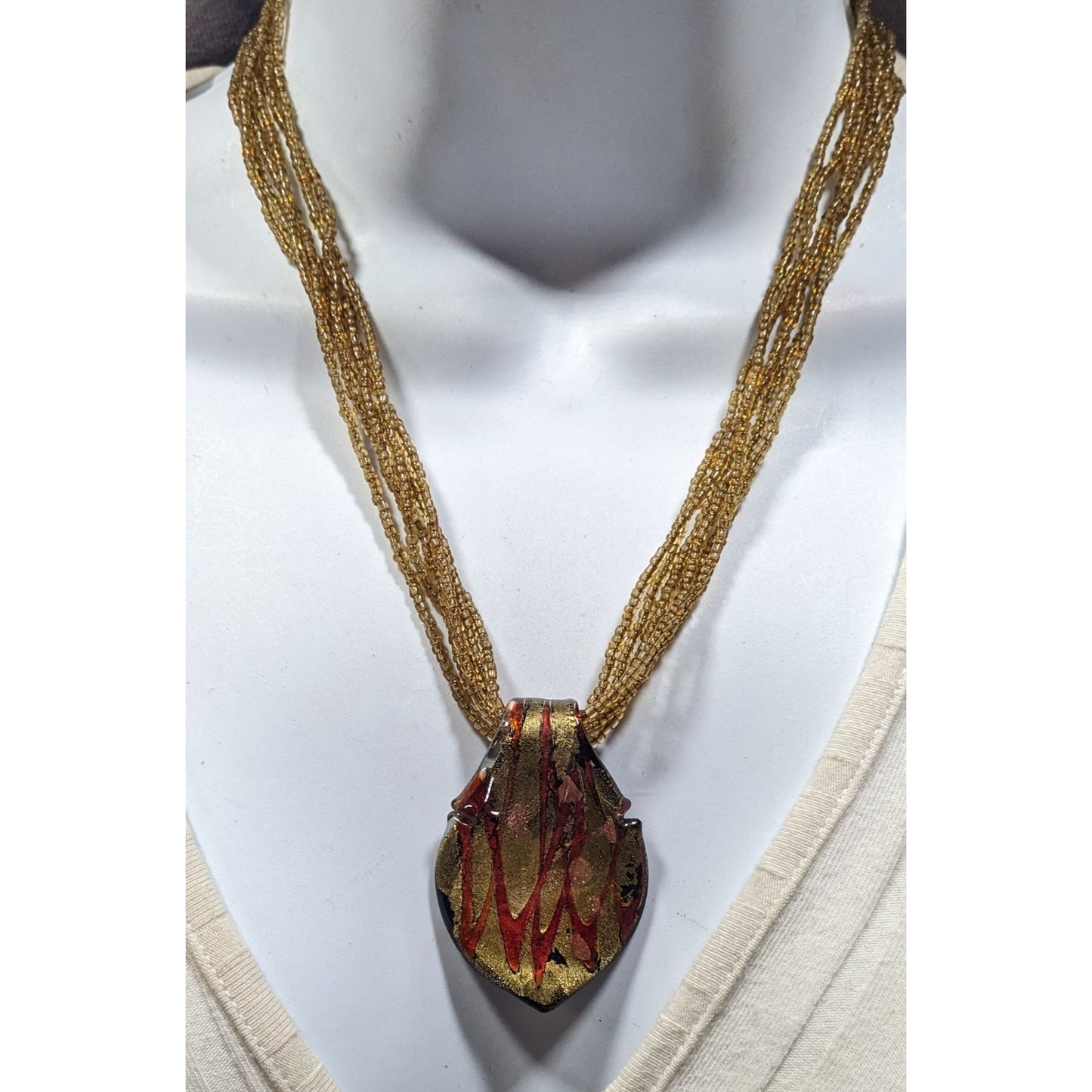 Fiery Red And Gold Tone Art Glass Pendant With Multistrand Glass Beads