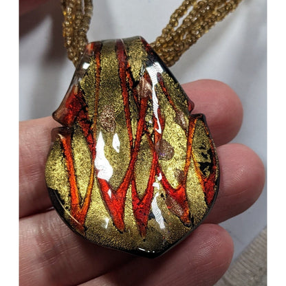 Fiery Red And Gold Tone Art Glass Pendant With Multistrand Glass Beads