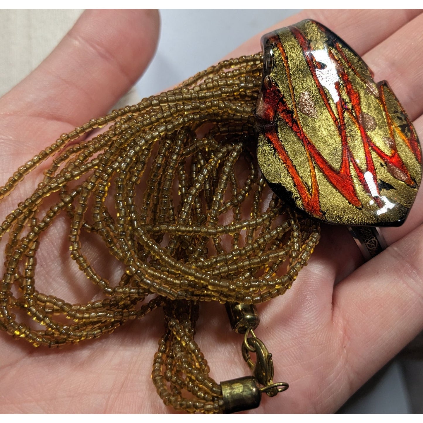 Fiery Red And Gold Tone Art Glass Pendant With Multistrand Glass Beads