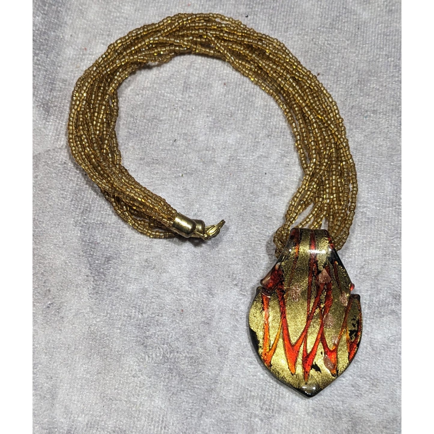 Fiery Red And Gold Tone Art Glass Pendant With Multistrand Glass Beads
