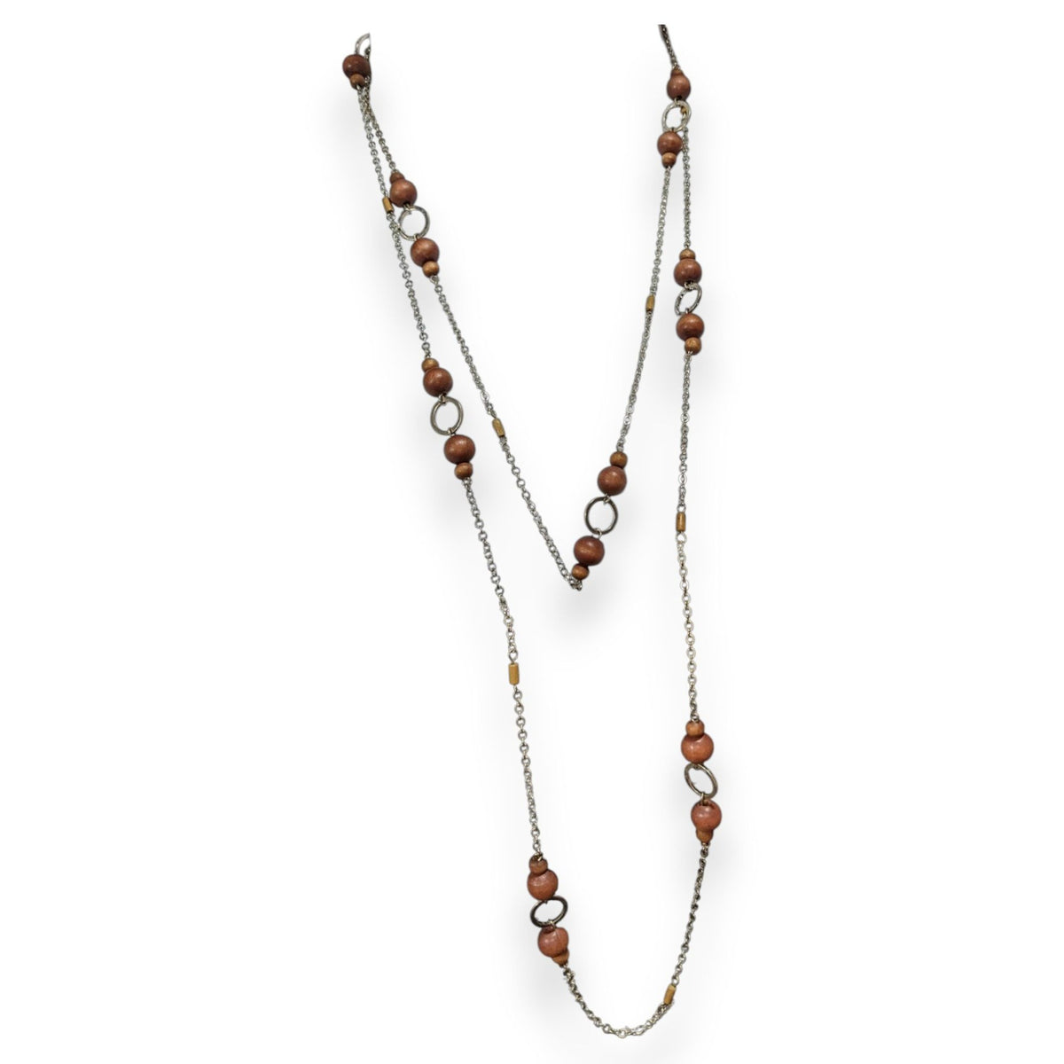 Boho Organic Wood Brown Silver Tone Long Single Strand Necklace 60 Inch