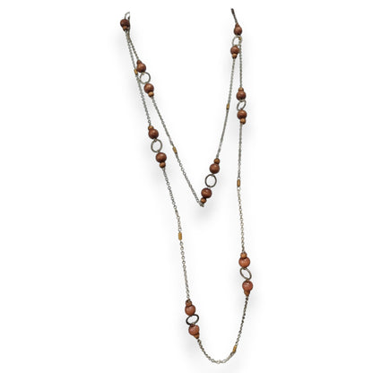 Boho Organic Wood Brown Silver Tone Long Single Strand Necklace 60 Inch