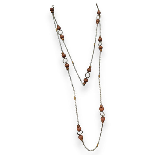 Boho Organic Wood Brown Silver Tone Long Single Strand Necklace 60 Inch