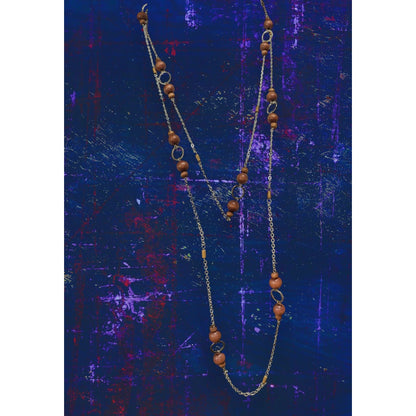 Boho Organic Wood Brown Silver Tone Long Single Strand Necklace 60 Inch