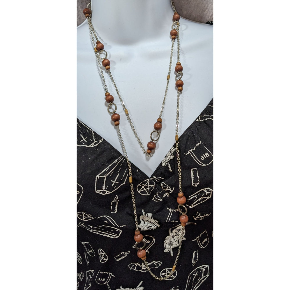 Boho Organic Wood Brown Silver Tone Long Single Strand Necklace 60 Inch