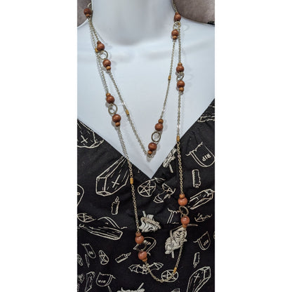 Boho Organic Wood Brown Silver Tone Long Single Strand Necklace 60 Inch