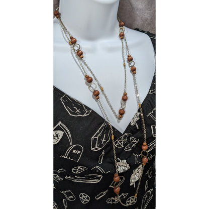 Boho Organic Wood Brown Silver Tone Long Single Strand Necklace 60 Inch