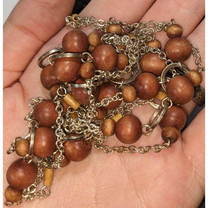 Boho Organic Wood Brown Silver Tone Long Single Strand Necklace 60 Inch