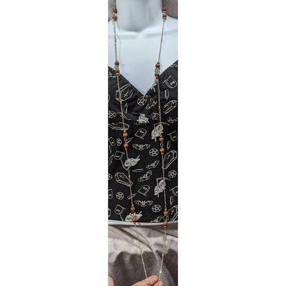 Boho Organic Wood Brown Silver Tone Long Single Strand Necklace 60 Inch