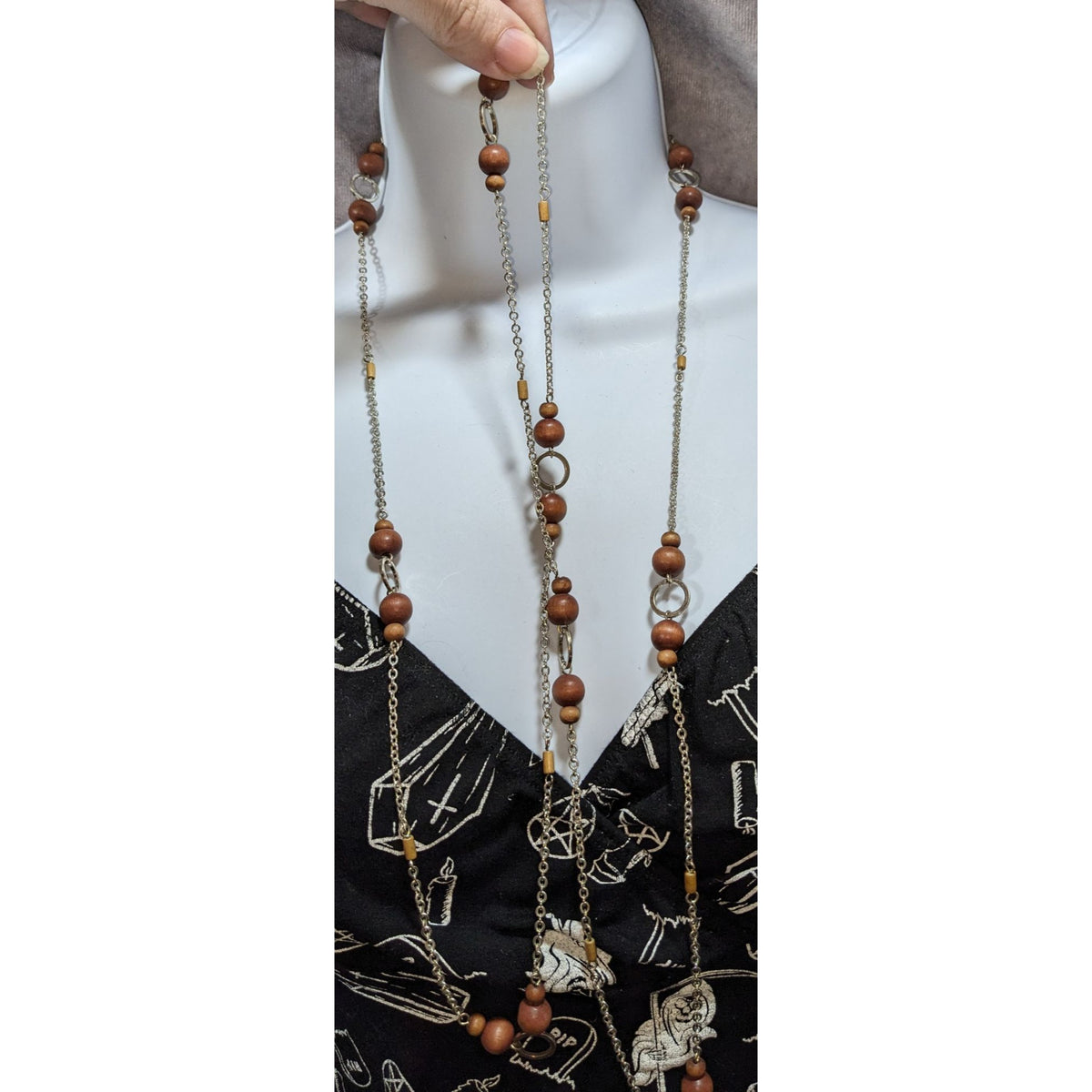 Boho Organic Wood Brown Silver Tone Long Single Strand Necklace 60 Inch