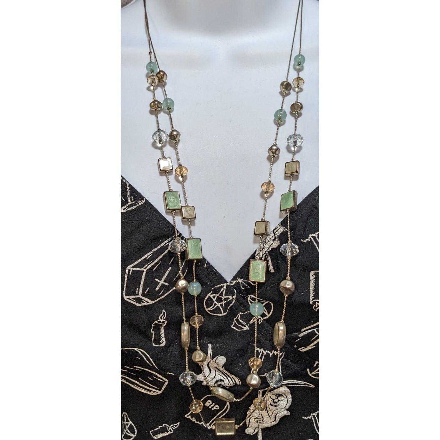 Boho Pastel Beaded Long Station Necklace Mint Green Champagne Gold Tone Layering Jewelry