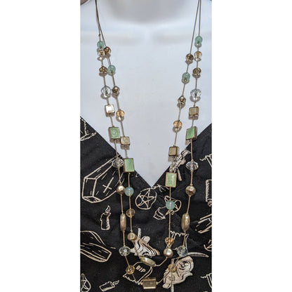 Boho Pastel Beaded Long Station Necklace Mint Green Champagne Gold Tone Layering Jewelry