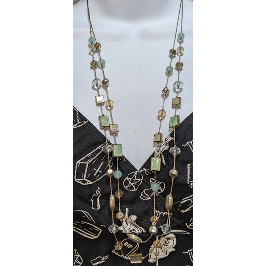 Boho Pastel Beaded Long Station Necklace Mint Green Champagne Gold Tone Layering Jewelry