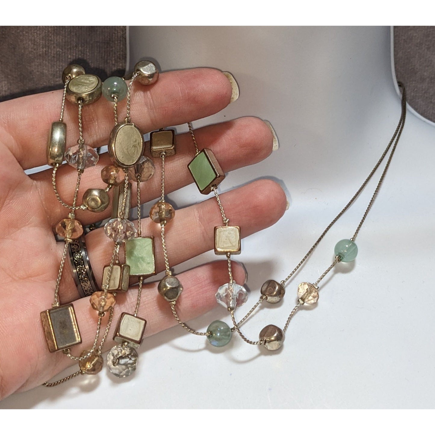 Boho Pastel Beaded Long Station Necklace Mint Green Champagne Gold Tone Layering Jewelry