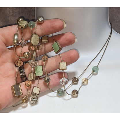 Boho Pastel Beaded Long Station Necklace Mint Green Champagne Gold Tone Layering Jewelry