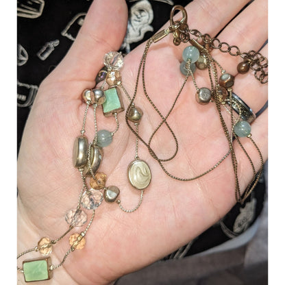 Boho Pastel Beaded Long Station Necklace Mint Green Champagne Gold Tone Layering Jewelry