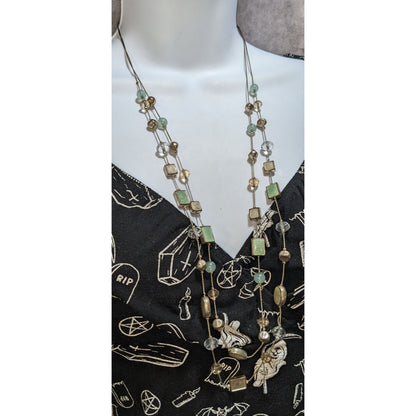 Boho Pastel Beaded Long Station Necklace Mint Green Champagne Gold Tone Layering Jewelry