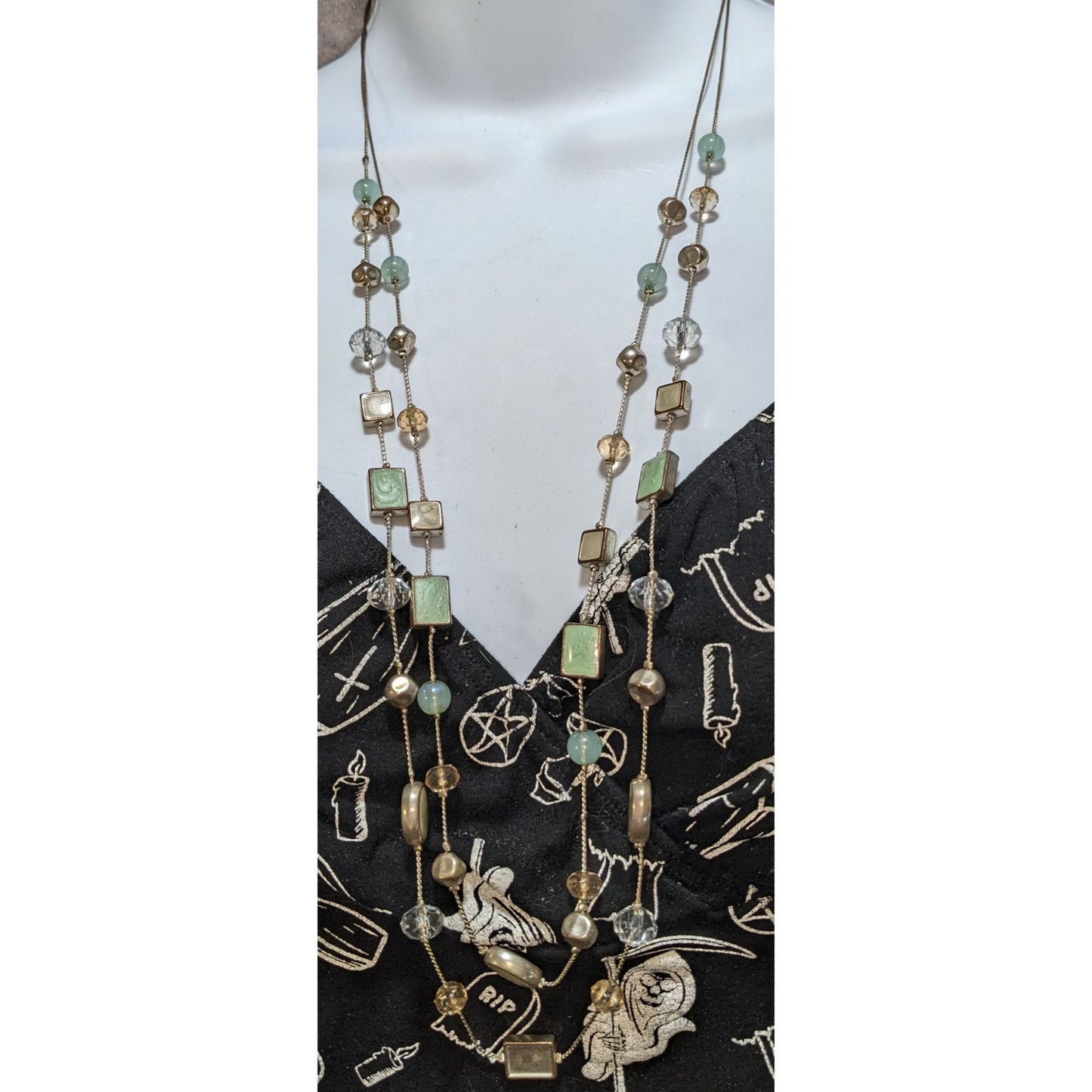 Boho Pastel Beaded Long Station Necklace Mint Green Champagne Gold Tone Layering Jewelry