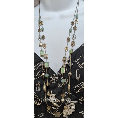 Boho Pastel Beaded Long Station Necklace Mint Green Champagne Gold Tone Layering Jewelry