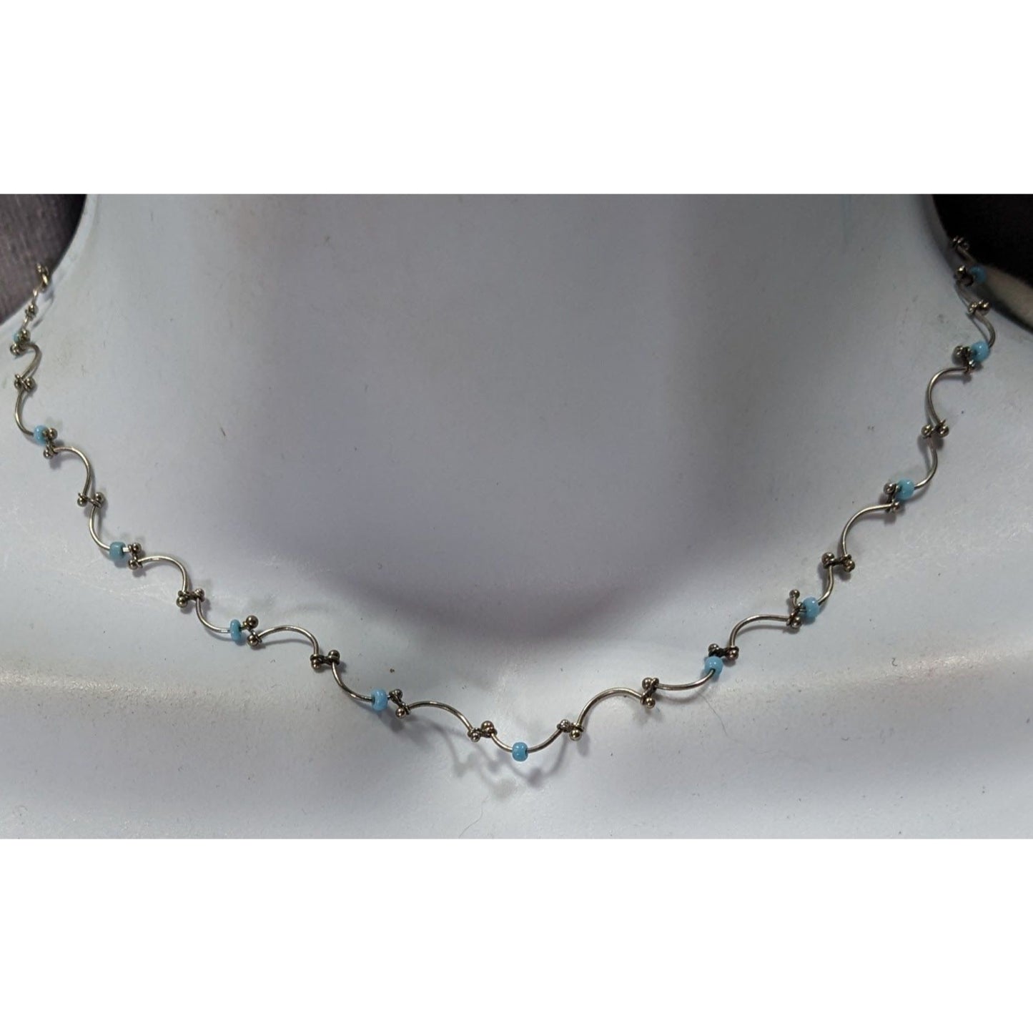 Funky Dainty Silver Wavy Chain Necklace With Blue Beads