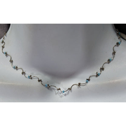 Funky Dainty Silver Wavy Chain Necklace With Blue Beads