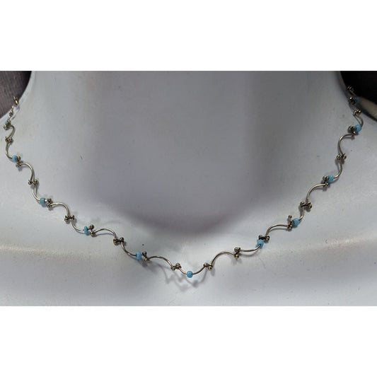 Funky Dainty Silver Wavy Chain Necklace With Blue Beads