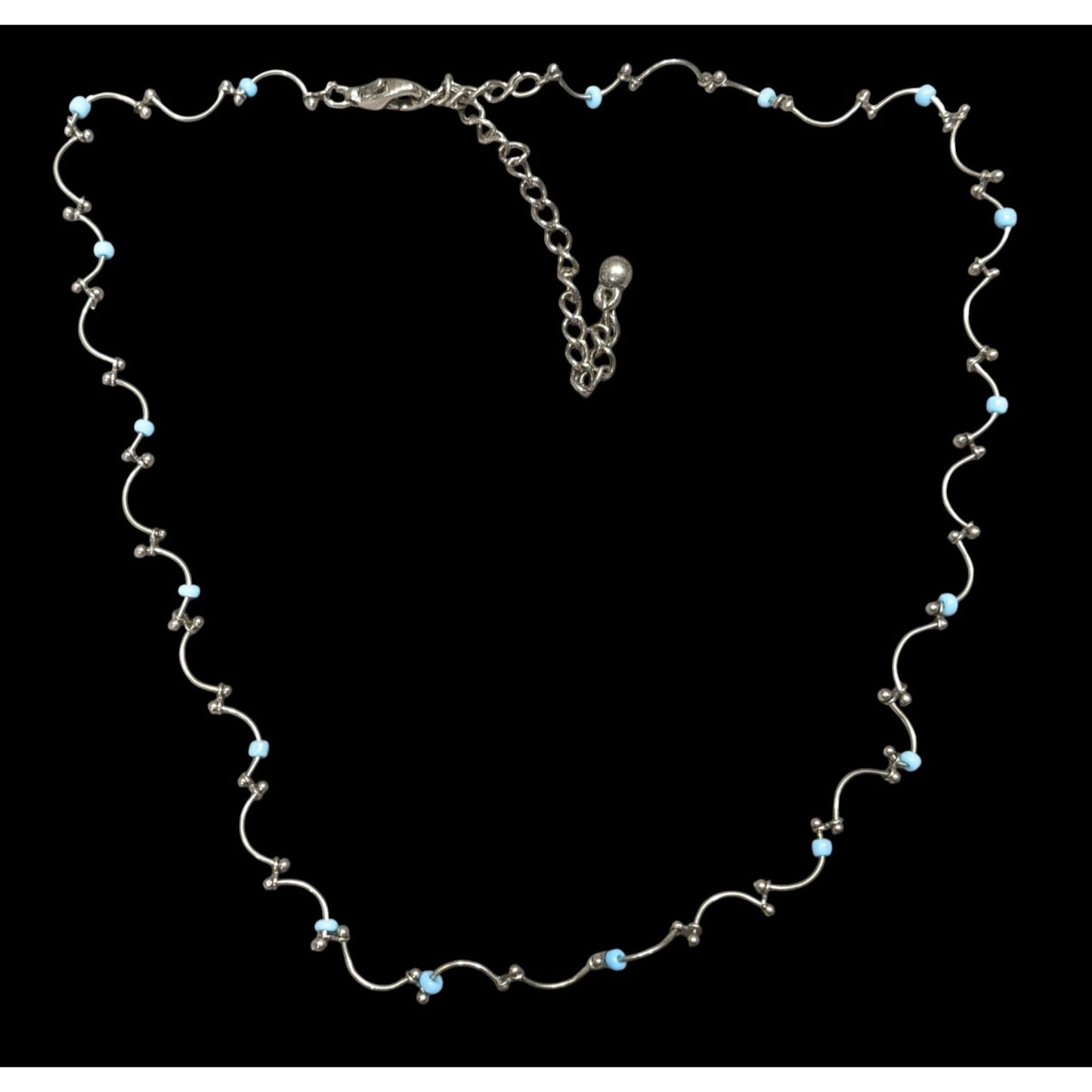 Funky Dainty Silver Wavy Chain Necklace With Blue Beads