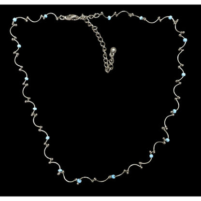 Funky Dainty Silver Wavy Chain Necklace With Blue Beads